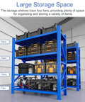 Heavy Duty Four Tier Storage Rack Straight Up Tank Tough Industrial Steel Shelving for Garage and Pantry, features blue color and ample storage space.