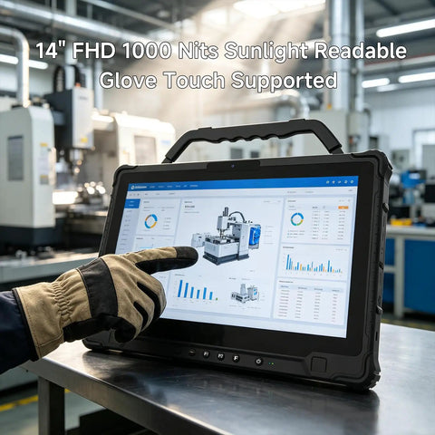 Badass Windows Rugged Tablet 14 Inch FHD 1000 Nits Sunlight Display 5G LTE Intel Core I5 16GB RAM 256G SSD IP65 Weatherproof touch screen being used with glove.
