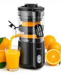 Keerain Electric Orange Juicer Hand-Free Citrus Squeezer with 100W Motor And Cleaning Brush pouring fresh orange juice into a glass.