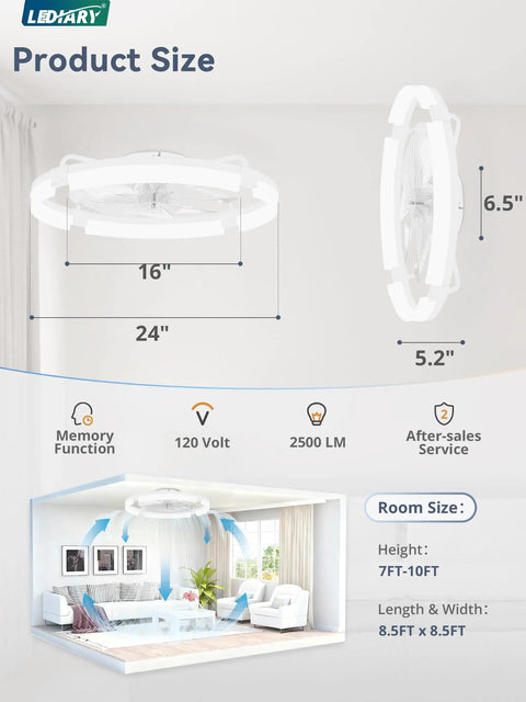 An image showing dimensions of the Straight Up Silent 24 Inch Low Profile Fandelier With App And Wireless Remote, suitable for chill bedrooms.