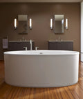 Bathroom with Purist Single Tube Sconce With Dope Frosted Glass Shade for Bathrooms and Hallways Damp Location Rated Uses One E26 Base Bulb Type T Recommended Coordinates With Other Purist Collection Fixtures, mounted above double vanities, modern brass finish