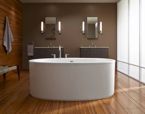 Bathroom with Purist Single Tube Sconce With Dope Frosted Glass Shade for Bathrooms and Hallways Damp Location Rated Uses One E26 Base Bulb Type T Recommended Coordinates With Other Purist Collection Fixtures, mounted above double vanities, modern brass finish
