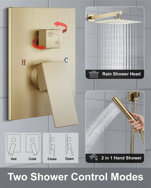 Big Splash 12 Inch Brushed Gold Shower System With Square Rainfall Head And Handy Handheld Sprayer Delivering Killer High Pressure Water Flow Even In Weak Lines Because It Just Hits Different
