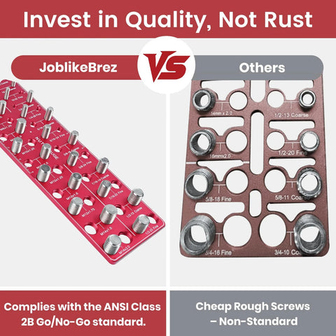 JoblikeBrez bolt thread checker: red plastic 15 SAE & 15 metric gauge and brown metal wall-mount size finder