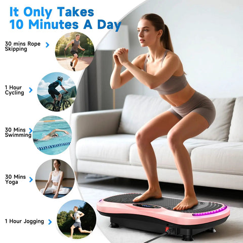 Person exercising on Home Vibration Plate for Lymphatic Drainage and Full Body Toning with 9 Modes and 200 Speed Levels, Pink.