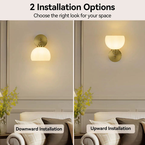 Feasey Vintage Milk Glass Globe Wall Sconce, Mid Century Ribbed Glass Light showcasing two installation options.
