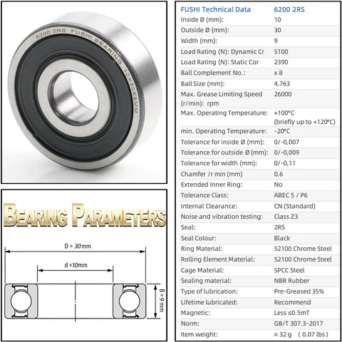Front view of FUSHI 6200 2RS ball bearing, 10x30x9 mm, rubber-sealed steel housing