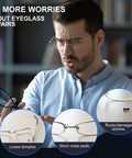 Man examining broken glasses with loose temples, worn nose pads, and rusty screws, highlighted for All In One Eyeglass Repair Kit.