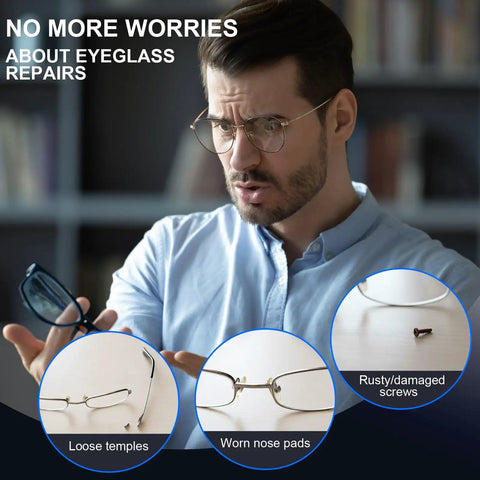 Man examining broken glasses with loose temples, worn nose pads, and rusty screws, highlighted for All In One Eyeglass Repair Kit.