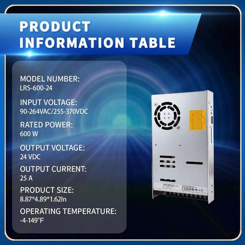 600W 24V 25A Industrial Switching Power Supply For Harsh Environments With Standout Reliability From Minus 20 C To 65 C, 5G Vibration, 5000m Altitude, Overload Overvoltage And Short Circuit Protections, Up To 91 Percent Efficiency, LRS-600-24