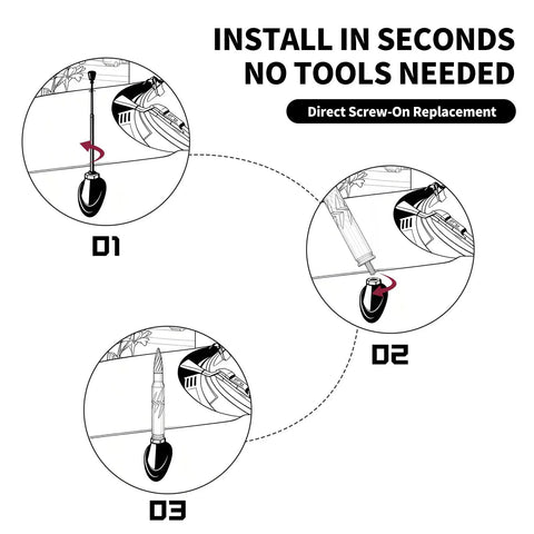Installation steps for short stubby bullet car antenna mast replacement for stronger radio signal, showing direct screw-on process.