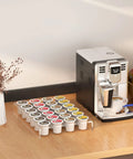 Clear Acrylic K Cup Drawer Organizer For Drawer And Countertop Storage Holds 24 K Cup Coffee Pods on kitchen counter.