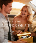 Couple in car exchanging a gift box containing an Ultra Compact 4 In 1 Retractable Car Charger With 84W USB C Fast Charging.