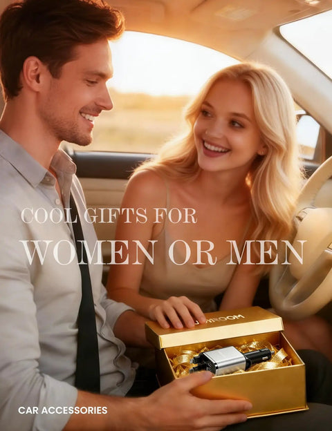 Couple in car exchanging a gift box containing an Ultra Compact 4 In 1 Retractable Car Charger With 84W USB C Fast Charging.
