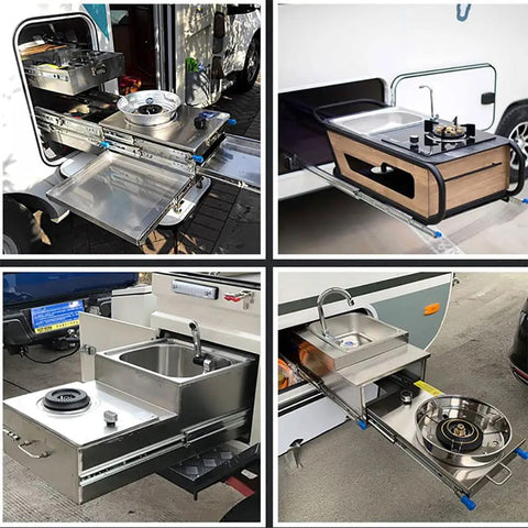 Four setups of camper kitchen using Beefy Ball Bearing Drawer Slides Heavy Duty Full Extension Side Mount Telescopic Runners Track 3 Section 44In Pair 120Kg Load Capacity Soft Close Optional Rails for outdoor cooking convenience.