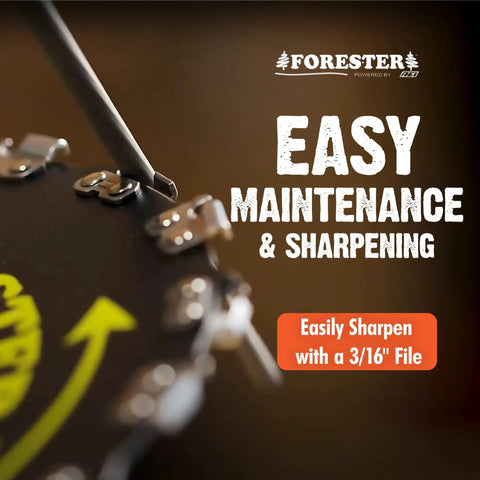Close-up of Beefy Chainsaw Tooth Brush Cutter Blade file sharpening, text highlighting easy maintenance and sharpening details.