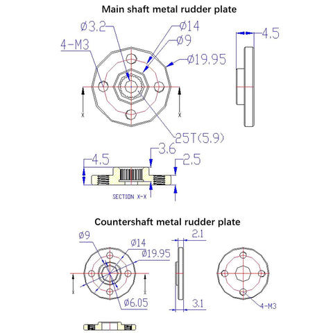 Technical drawing of main and countershaft metal rudder plates for 12V 30kg Magnetic Encoder Servo with dual axis metal gear.