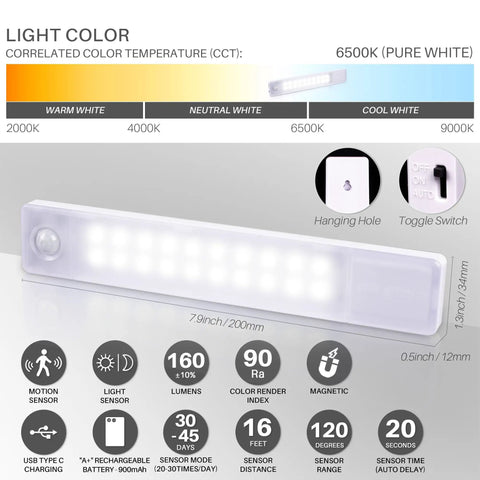 Under Cabinet Lights Rechargeable 8 Inch Motion Sensor LED Magnetic Stick On Closet Light Pack of 2 for Kitchen Counter Stairs and More USB Powered No Fuss Easy Install Cool White, showing features like motion sensor and USB-C charging.