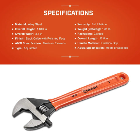 Beefy 12 Inch Adjustable Wrench With Cushion Grip Black Oxide Finish Hex Jaw For Secure Grip Carded Packaging Durable DIY Heavy Duty Tool AT212CVS