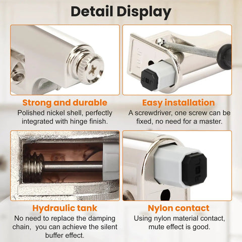 Detail display of Set Of 10 Universal Soft Close Cabinet Door Dampers showing polished nickel design and easy installation features.