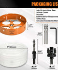 Front view: Luckyway 6-1/4 inch hole saw kit with orange hole saw, dust cover, arbor, bits, hex key, and mandrel