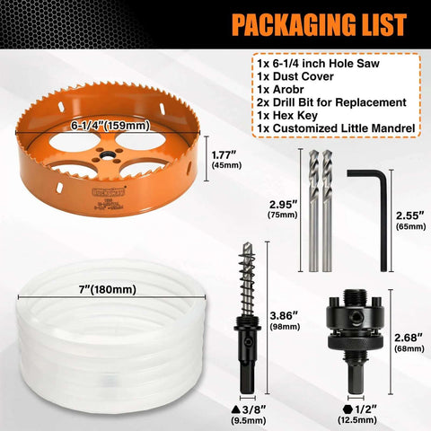 Front view: Luckyway 6-1/4 inch hole saw kit with orange hole saw, dust cover, arbor, bits, hex key, and mandrel