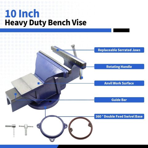 10 Inch Heavy Duty Cast Iron Bench Vise With 360 Degree Swivel Lock Base Chrome Spindle And Nuts Quenched Jaw For Extra Hard Grip Non Slip Textured Jaw Surface Built For Pro Shop Quality Bench Work, angled view