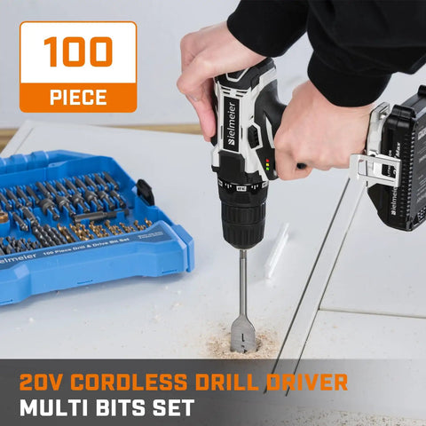 Person using 20V Cordless Drill Kit With 100 PC Drill Bit Set And 3 Eighths Inch Keyless Chuck LED Light Two Variable Speed Switch