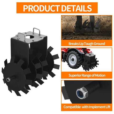 Two Pack Disc Harrow Plow For ATV UTV And Garden Tractor showcasing heavy duty scraper blade and mounting details