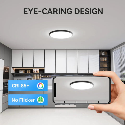 Ultra Slim 12 Inch LED Flush Mount Ceiling Light 3200lm 5000K in modern kitchen, showing eye-caring design and features.