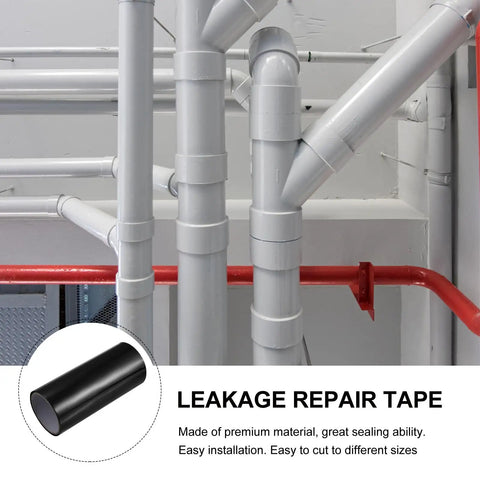 Leak Repair Tape for Water Pipes 20cm by 1.5m Heavy Duty Waterproof Sealant shown with white pipes and red railing background