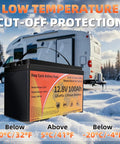 12V 100Ah LiFePO4 Battery With Smart 100A BMS in snowy landscape, RV in background showcasing cold weather use