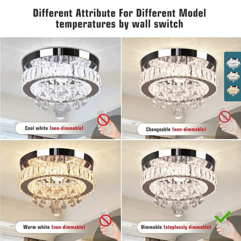 Dope Crystal Chandelier LED Ceiling Light with Remote, showing four lighting modes: cool white, changeable, warm white, dimmable