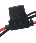 Close-up of black fuse holder with red and black wire for Battery Adapter And Conversion Kit With Wire Harness Connector And Fuze Holder For 18V LiIon Batteries Such As BL1850 BL1860 Perfect For Kids Ride On Cars Blue Connector Easy DIY Power Up