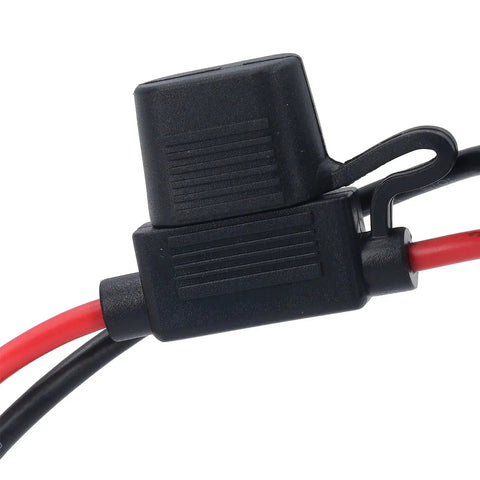 Close-up of black fuse holder with red and black wire for Battery Adapter And Conversion Kit With Wire Harness Connector And Fuze Holder For 18V LiIon Batteries Such As BL1850 BL1860 Perfect For Kids Ride On Cars Blue Connector Easy DIY Power Up