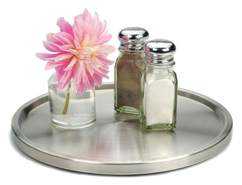 Slick Brushed Stainless Steel Lazy Susan Turntable with spice jars and a flower, 10.5 inches wide, perfect for kitchen storage.