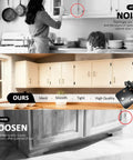 Half Overlay Black Cabinet Hinges 36 Pack Self Closing Heavy Duty Soft Close Kitchen Cabinet Doors Dead Quiet Silicone Damper System Rock Solid Durable Build Slam Free Guarantee demonstrating silent and tight hinge design in kitchen setting.