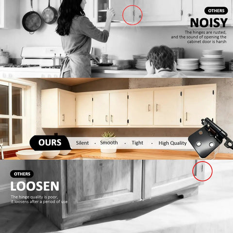 Half Overlay Black Cabinet Hinges 36 Pack Self Closing Heavy Duty Soft Close Kitchen Cabinet Doors Dead Quiet Silicone Damper System Rock Solid Durable Build Slam Free Guarantee demonstrating silent and tight hinge design in kitchen setting.