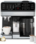 Straight Fire Coffee Station Combining An Elite Espresso Brewer With A Heavy Duty Drip Maker For Pouring Creamy Lattes Or Bold Cappuccinos Plus K Cup Pod And Fresh Ground Compatibility All Day, showcasing espresso pour and milk frother.