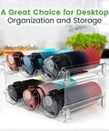Heavy Duty Water Bottle Organizer For Cabinet Stackable Pantry Storage Rack Clear Shatter Proof Holder No Sweat Organization Big Time Space Saver Used For Kitchen Counter And Fridge Two Pack with colorful bottles on a clear rack.