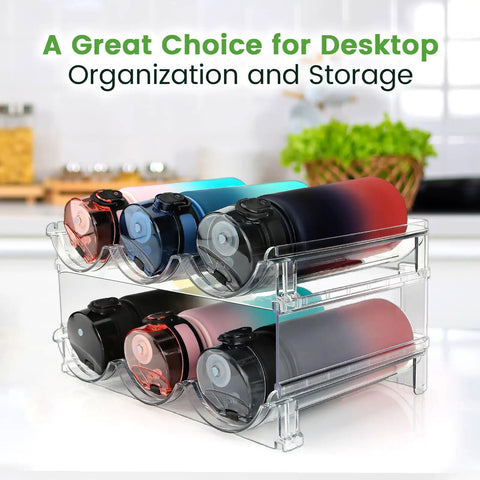 Heavy Duty Water Bottle Organizer For Cabinet Stackable Pantry Storage Rack Clear Shatter Proof Holder No Sweat Organization Big Time Space Saver Used For Kitchen Counter And Fridge Two Pack with colorful bottles on a clear rack.