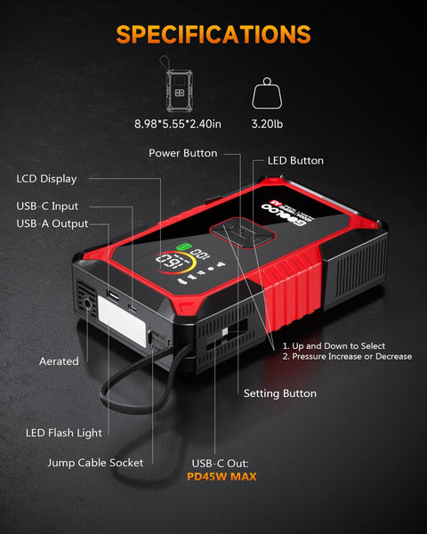 4 In 1 Jump Starter With Air Compressor And Tire Inflator, 4000A Car Battery Booster showing controls and specifications.
