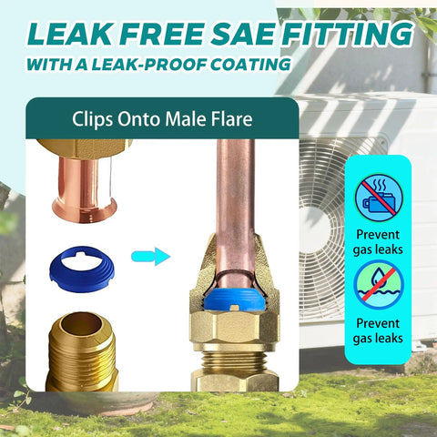 Front view of leak-free SAE flare fittings kit for HVAC with 4 fittings (2x1/4, 2x3/8), brass with blue gasket