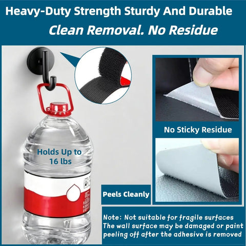 Heavy Duty Hook And Loop Strips 24 Pack With Industrial Adhesive Tough As Nails Grip For Walls Glass Tile Metal Strong Hold Indoor Outdoor Nylon Fasteners showing water bottle secured on wall hook.