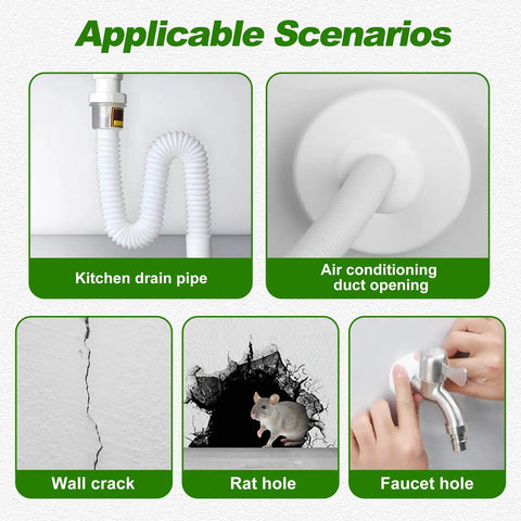 Scenarios for Six Pack Waterproof Sealant Mastic White Repair Clay, including wall cracks, duct openings, drain pipes, and more.