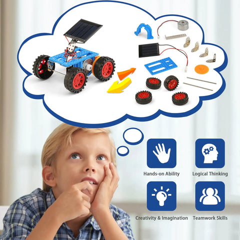 Child thinking about Totally Solar Powered STEM Car Kits For Kids 8 9 10 11 12 13 Kid Friendly Hands On Robotics And Coding Projects