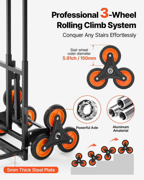 Stair Climbing Dolly With Telescoping Handle 460 Lb Capacity Heavy Duty Folding Trolley Cart showing three-wheel system
