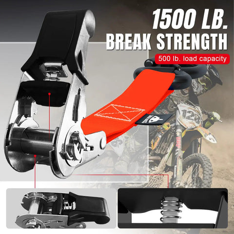 Heavy Duty Ratchet Tie Down Straps Set, 1500 Lb Break Strength, 1 Inch By 15 Foot with steel hook and padded grip detail.