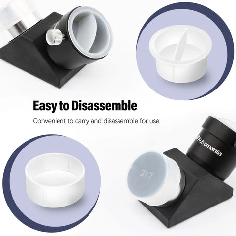 Collage showing Universal 1.25 Inch Telescope Dust Cap And Plug Kit For Eyepieces Barlow Lenses T Adapters Focuser Diagonal, easy to disassemble feature.
