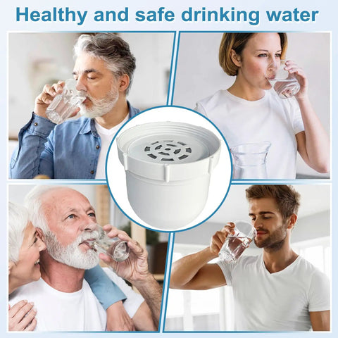 2 Pack Water Filter Replacements For Everyday Water Pitcher, 100 Gallon Service Life, Dual Coconut Shell Activated Carbon Filters Plus Pre Rinse Bag Included, shown in use by diverse individuals.